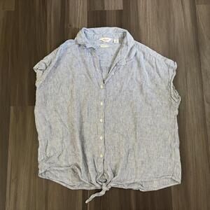 Weatherproof Vintage Women's Linen Blend Tie Front Top Blue White Striped Size L